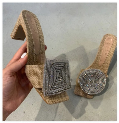 Buy Center Premium-Straw Woven Linen Genuine Leather Straight Drag Worn With Thick Heels Sandals Square Round Rhinestones