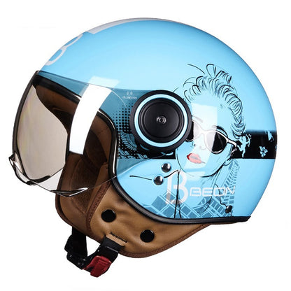 Fresh Arrivals at Buy Center: Battery Car Half Helmet Lightweight Semi-covered Retro Bright Light Blue White