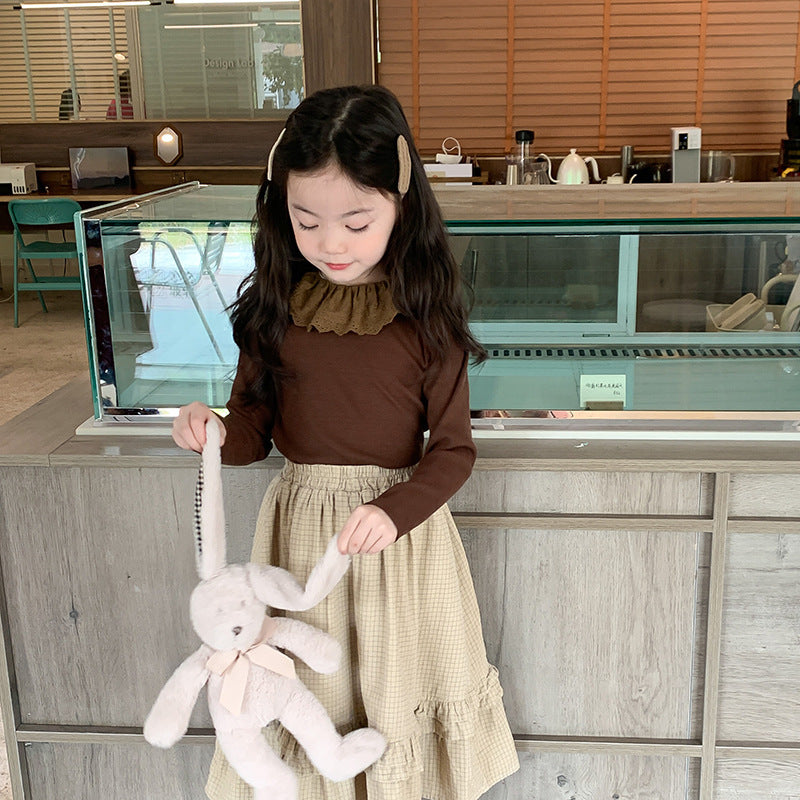 Newly Released at Buy Center: Girls' Soft Cashmere Sunken Stripe Lace Collar Bottoming Shirt Brown