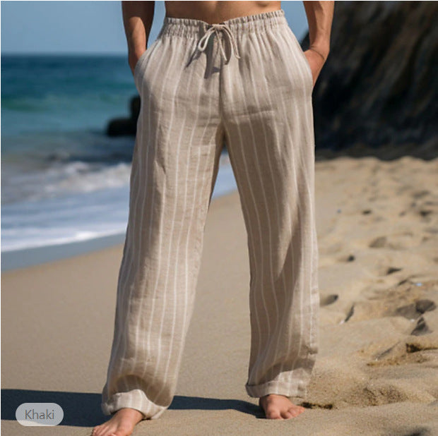 Just Arrived at Buy Center: Men's Linen Drawstring Elastic Waist Straight Striped Comfortable Breathable Casual Pants