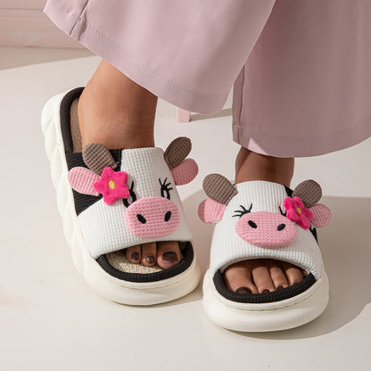 Buy Center Top Rated-Cute Cow Linen Shit Feeling Interior Non-slip Deodorant Outer Wear Platform Slippers Decal Cow White