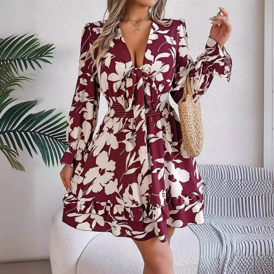 Trending Now at Buy Center: New Floral Printed V-Neck Long Sleeve Dress Fashion Ruffles Bowknot A-Line Short Dress Women's Clothing Wine Red