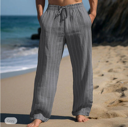 Just Arrived at Buy Center: Men's Linen Drawstring Elastic Waist Straight Striped Comfortable Breathable Casual Pants Gray