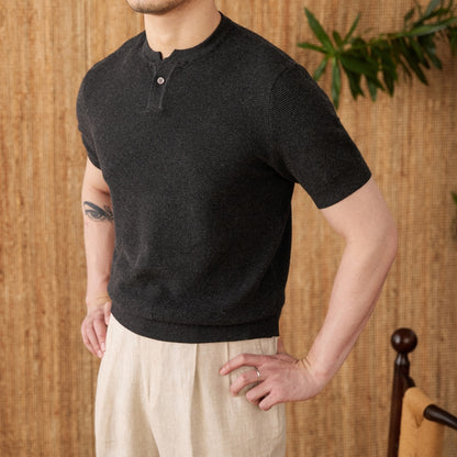 Just Arrived at Buy Center: Knitted Short-sleeved T-shirt Men's Cotton Casual Bottoming Shirt Black Gray