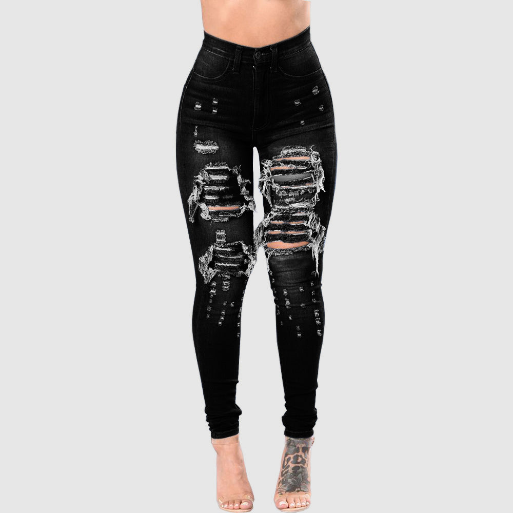 Buy Center Handpicked- Women's Ripped Denim Washed Denim Pants Black