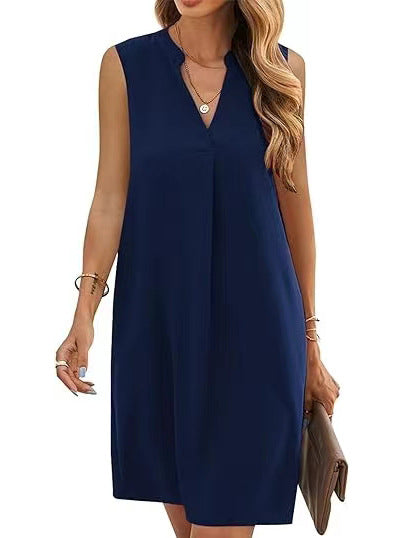 Buy Center Hot Pick-Sleeveless Elegant V-neck Loose Solid Color Dress Women Navy Blue