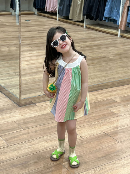 Fresh on the Scene at Buy Center: Girl's Fresh Color Printing Vertical Stripe Sling Dress