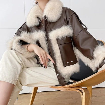 Sense Fox Fur Stitching Leather Coat Buy Center