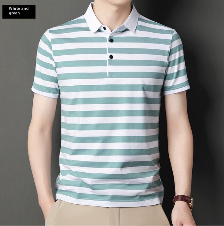 Summer Short-sleeved T-shirt Men's Cotton Ice Silk Polo Collar Stripes Youth Undershirt Buy Center