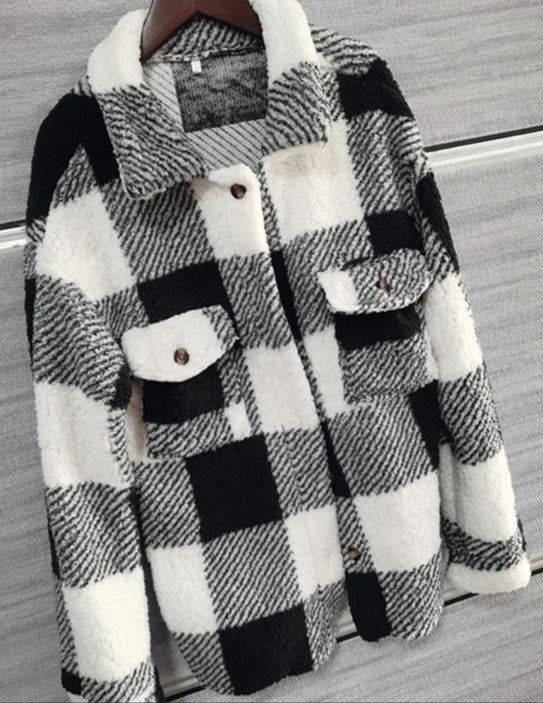 Women's Long-sleeved Double-pocket Plaid Furry Coat Buy Center