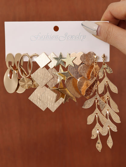 New 6-piece Set Of Earrings With Polygonal Leaves, Long, Multi-layered Tassel Earrings, Simple And High-end Earrings Gold