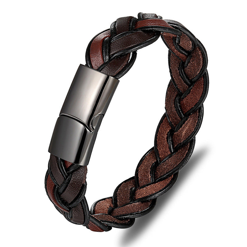 Buy Center Handpicked- Men's Fashion Stainless Steel Leather Bracelet Brown 23CM