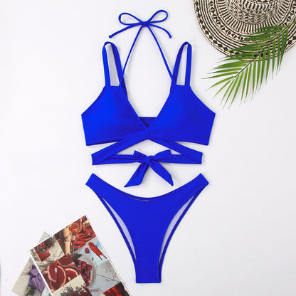 Fresh on the Scene at Buy Center: Solid Color Strap Beach Bikini Swimsuit Blue