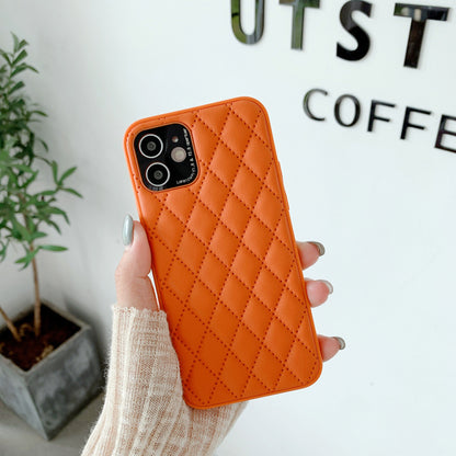 New at Buy Center: Solid Color Diamond Plaid Lambskin Phone Case Orange