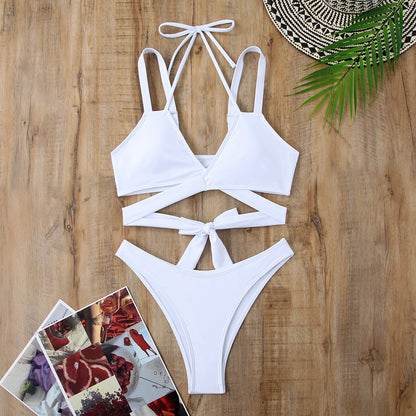 Fresh on the Scene at Buy Center: Solid Color Strap Beach Bikini Swimsuit White