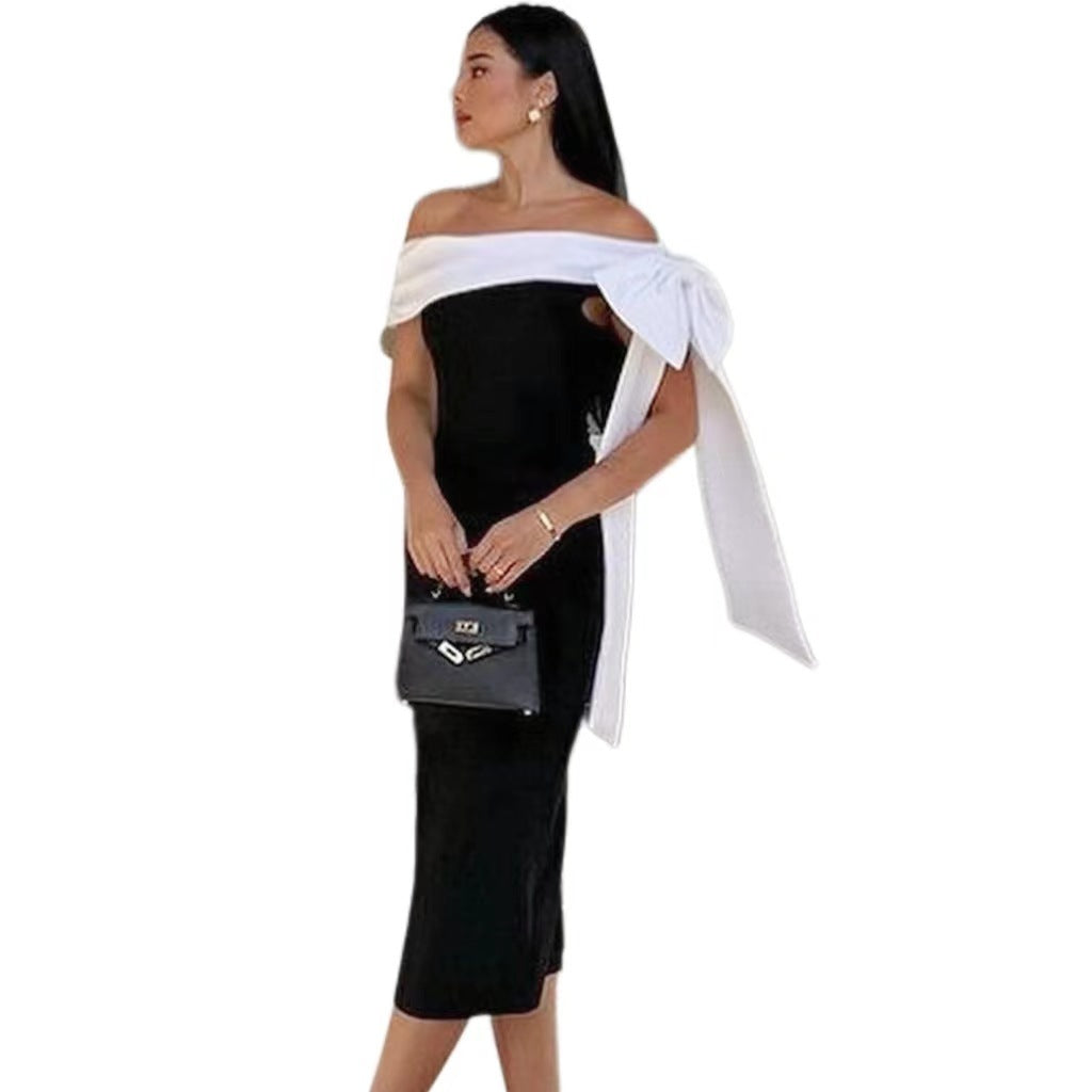 Women's Off-shoulder Bow Black And White Color Matching Elegant Cocktail Dress Buy Center