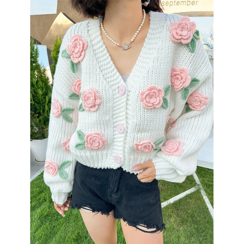 Buy Center Picks-New Knitting Needle Sweater Thick Knitted Cardigan Three-dimensional Rose Flower Sweet Coat For Women