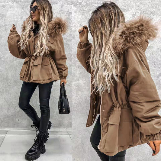 European And American Fur Collar Artificial Fur Parka Mocha