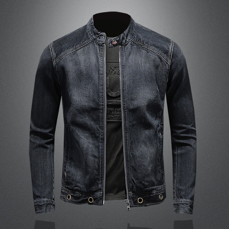 Men's Stand-up Collar Dark Blue Motorcycle Vintage Zipper Denim Coat | Men's Clothing3 | Buy Center