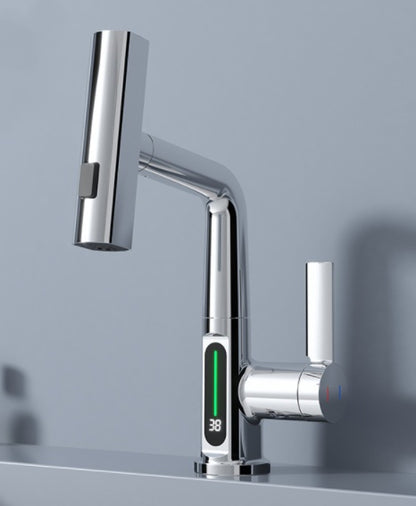 Intelligent Digital Display Faucet Pull-out Basin Faucet Temperature Digital Display Rotation Silver Digital Display