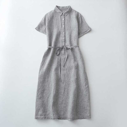 Linen Front Half-open Buckle Waist Lace-up Short Sleeve Dress Buy Center