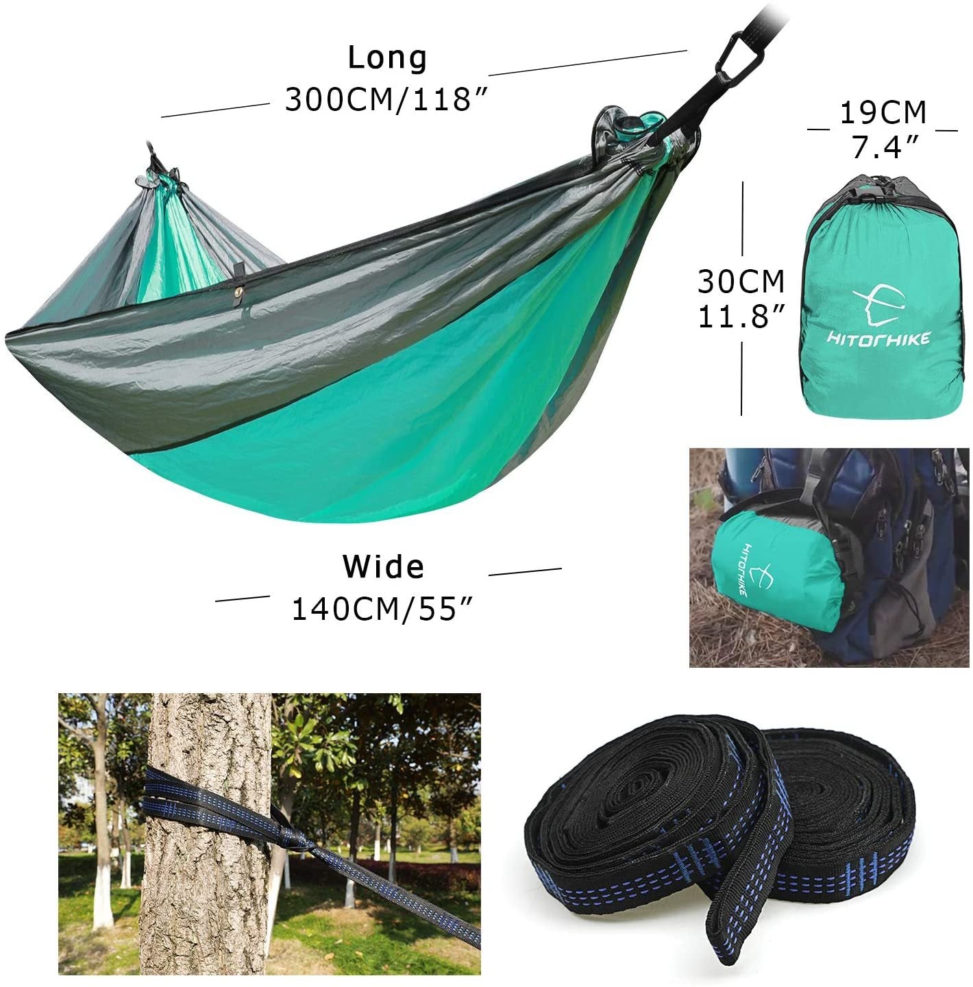 Backpacking Hammock - Portable Nylon Parachute Outdoor Double Hammock Green300x140cm