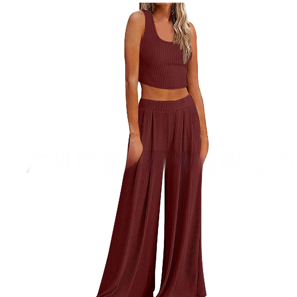 Just Arrived at Buy Center: Pajamas Rib Midriff-baring Top Loose Casual Wide-leg Pants With Pocket Back Wine Red