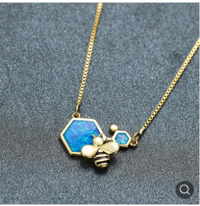 Luxury Female Blue Opal Pendant Necklace Charm Gold Silver