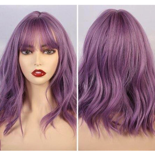 Nouvelle perruque ondulée naturelle, cheveux courts bouclés, ensemble de perruques violettes, cheveux bouclés avec frange