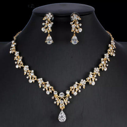 Ensemble de bijoux en zircon doré, collier de mariée, boucles d'oreilles, ensemble de mariage en deux pièces