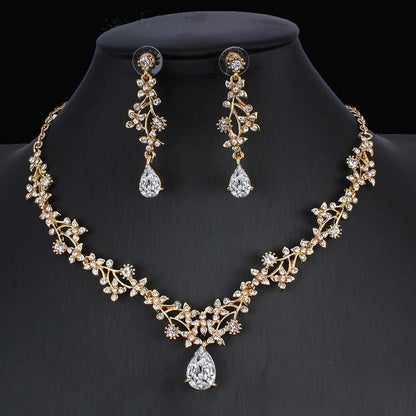 Ensemble de bijoux en zircon doré, collier de mariée, boucles d'oreilles, ensemble de mariage en deux pièces