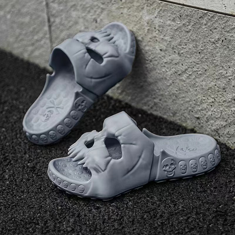 Personalized Skull Design Halloween Slippers Bathroom Indoor Outdoor Funny Slides Beach Shoes Gray