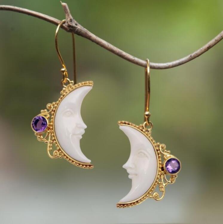 Buy Center Top Pick- Retro Moon Face Earrings Golden Edge Inlaid