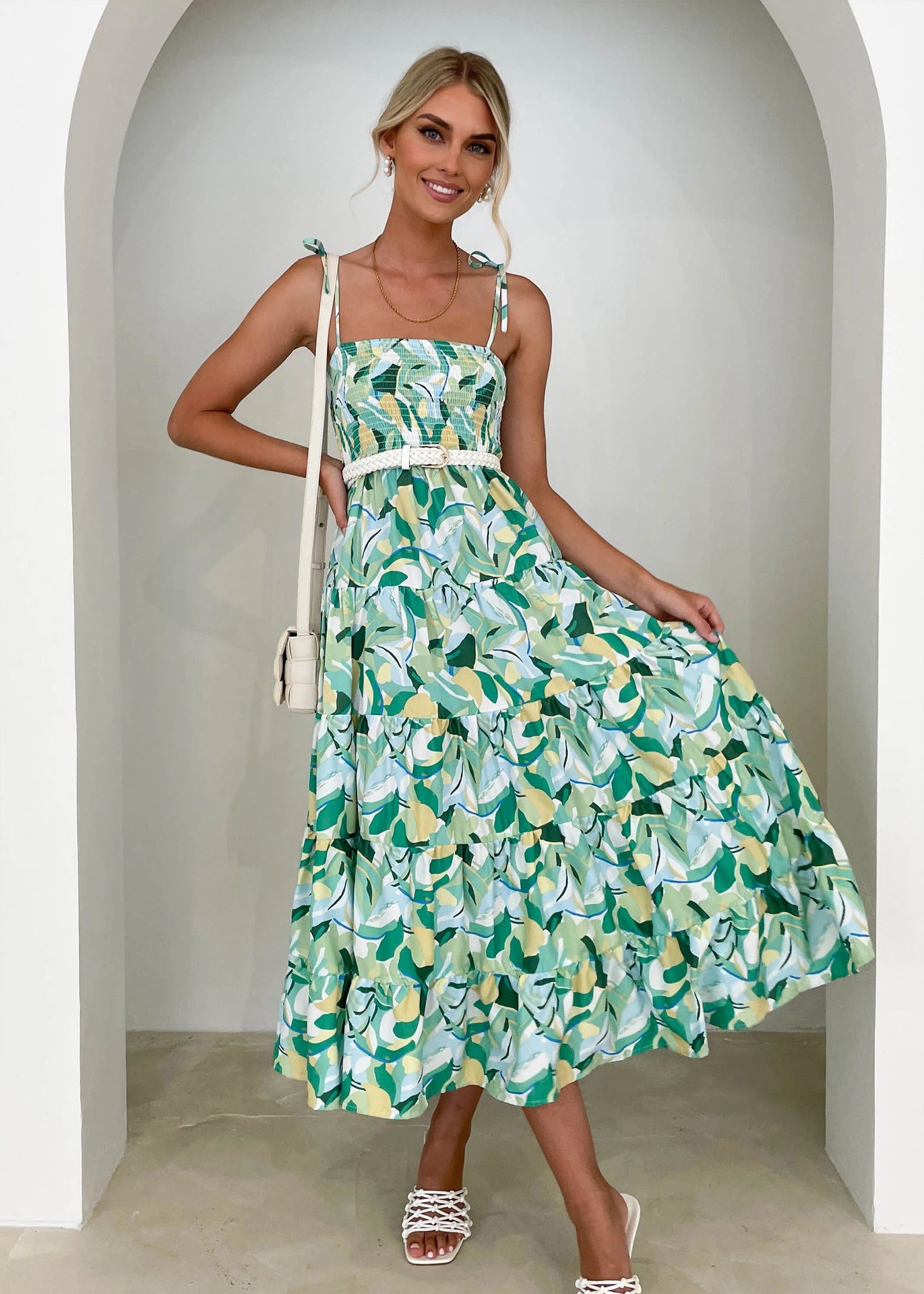 Fresh Arrivals at Buy Center: Women's High Waist Sleeveless Printed Off-shoulder Bohemian Sling Dress Light green print