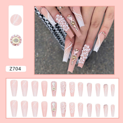 Long Ballet Gradient White Colorful Glitter Tender Girl Fake Nails Wearable