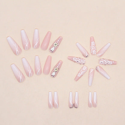 Long Ballet Gradient White Colorful Glitter Tender Girl Fake Nails Wearable