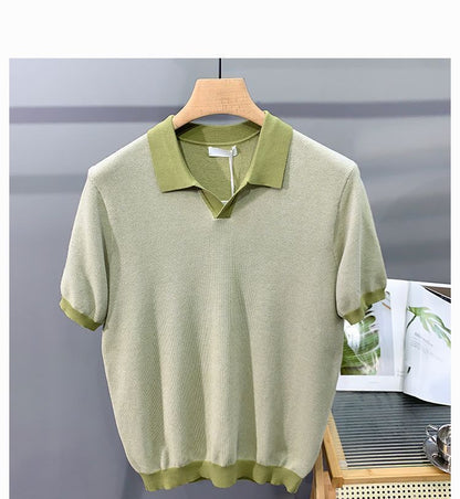 Hot New Items at Buy Center: Men's Ice Silk Knitted Trendy Niche Contrast Color Lapels Short Sleeve