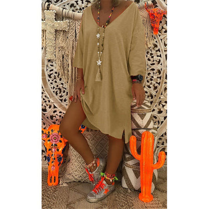 New V-neck Long Sleeve Loose Solid Color Dress Khaki