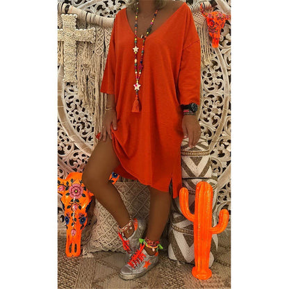 New V-neck Long Sleeve Loose Solid Color Dress Orange