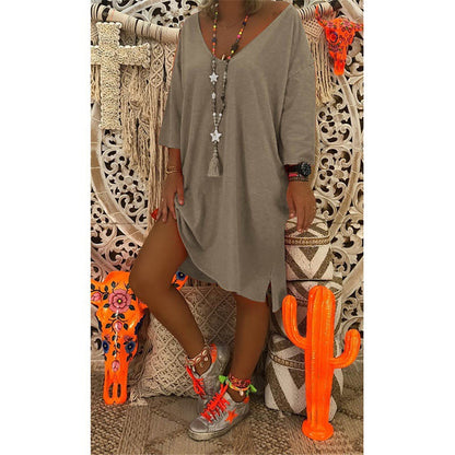 New V-neck Long Sleeve Loose Solid Color Dress Gray