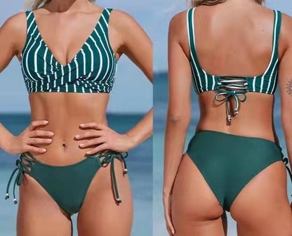 Newly Arrived at Buy Center: Sexy Halter Bikini Women's Split Lace-up Swimsuit Green Stripes