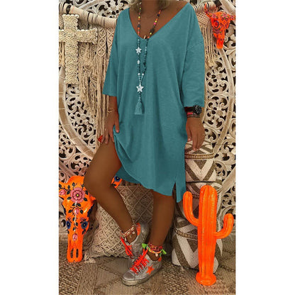 New V-neck Long Sleeve Loose Solid Color Dress Light Blue