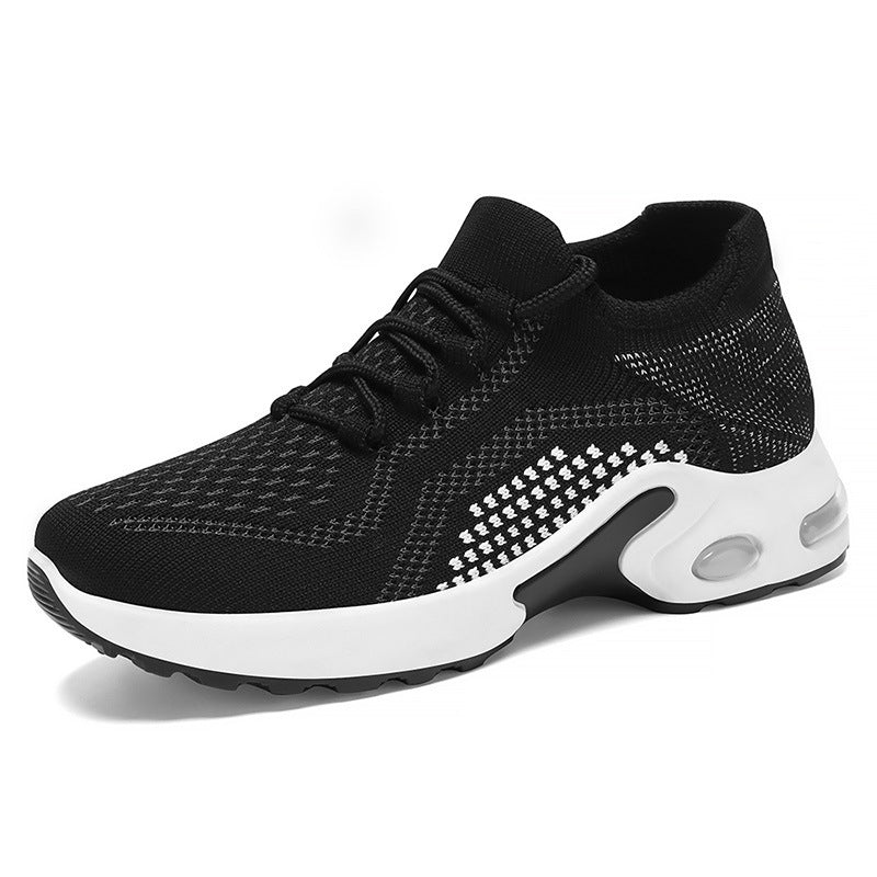 New at Buy Center: Lace-up Air Cushion Sneakers Women Flying Woven Breathable Casual Mesh Shoes Summer Black