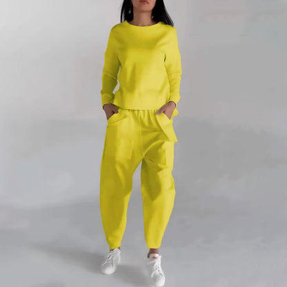 Newly Released at Buy Center: Solid Color Fashion Sweatshirt Long Sleeve Back Slit Top With Pockets Loose Trousers Women's Clothing Yellow