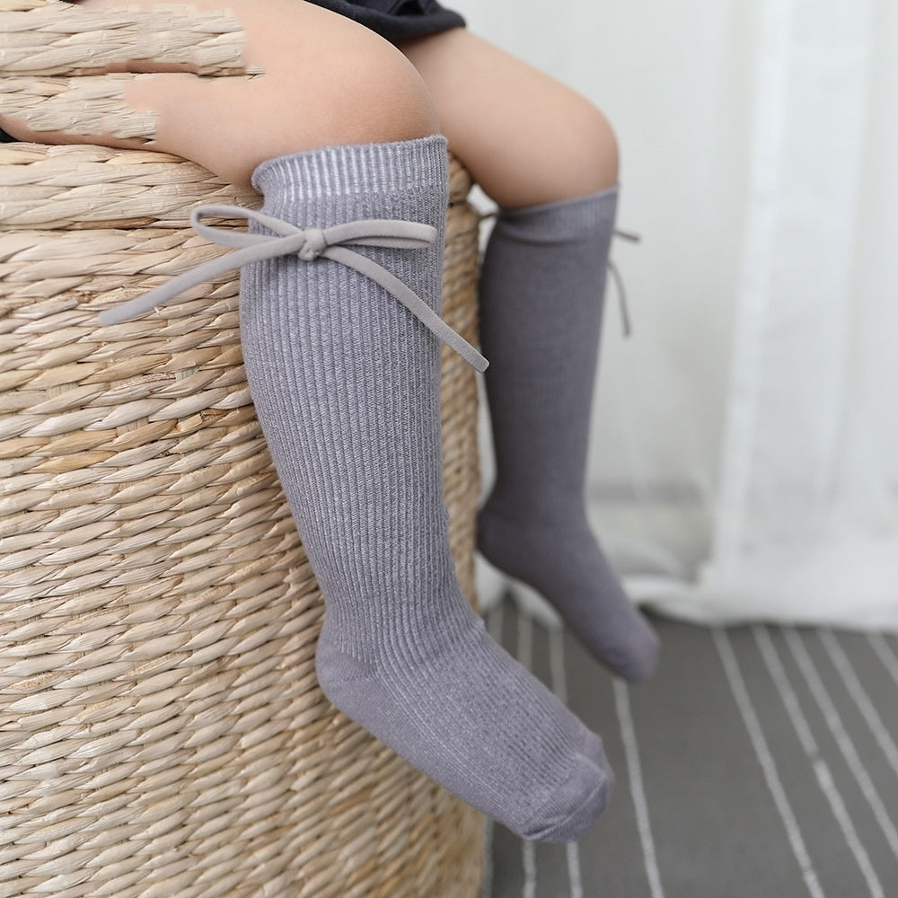 Buy Center Exclusive Offer-Girls' Bow Tube Socks Children's Monochrome Flat Mouth Gray