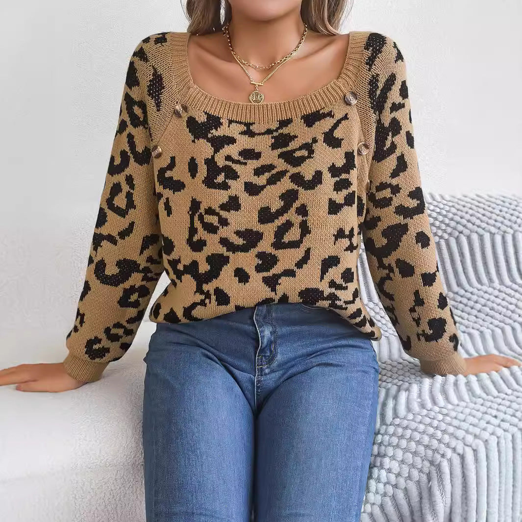 Casual Square Collar Button Contrast Color Leopard Print Long Sleeve Sweater Buy Center