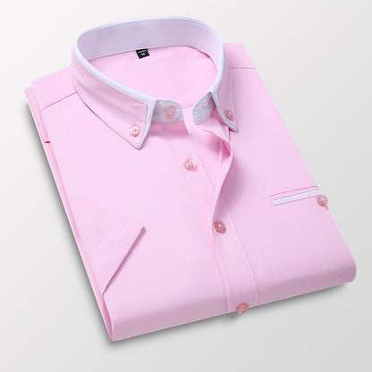 Short-sleeved Short Sleeve Men Clothing Shirt Slim-fitting Iron-free Casual Pink