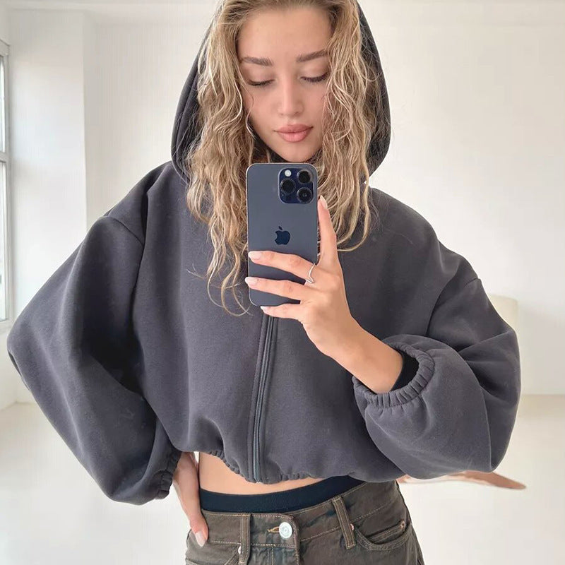 Fresh Arrivals at Buy Center: Casual Solid Color Hooded Short Jacket Y2K Fashion Sports Sweatshirt Long Sleeve Zipper Cardigan Women's Clothing