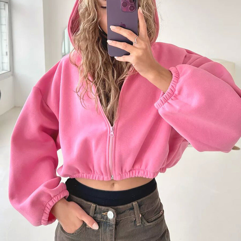 Fresh Arrivals at Buy Center: Casual Solid Color Hooded Short Jacket Y2K Fashion Sports Sweatshirt Long Sleeve Zipper Cardigan Women's Clothing