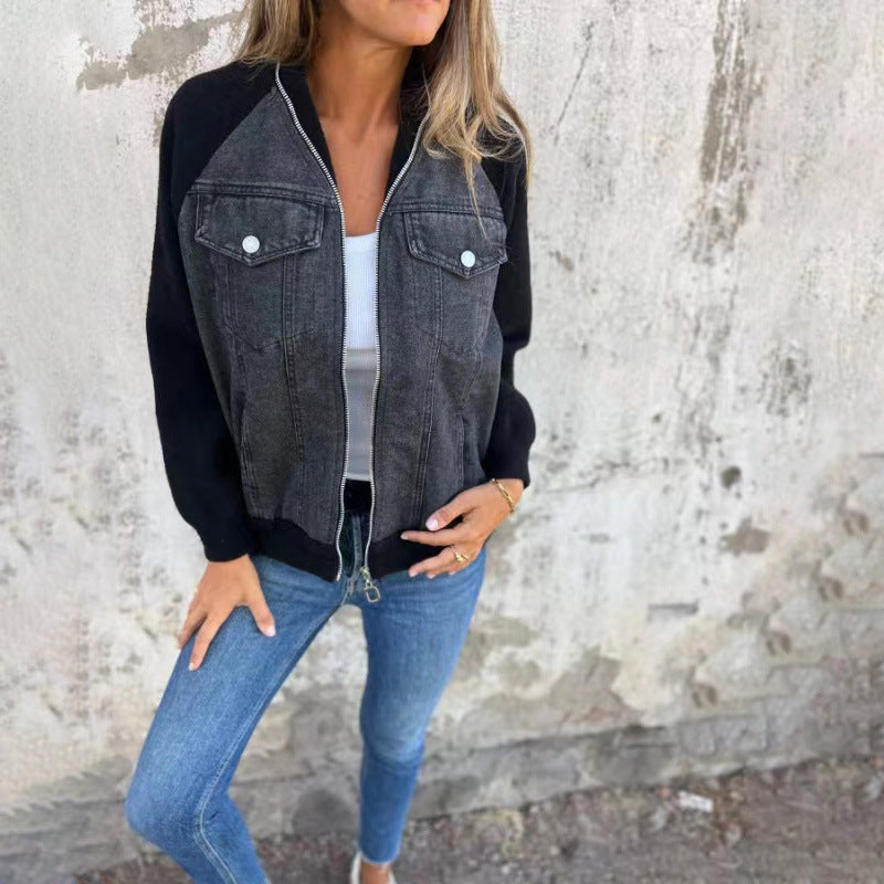 Fresh Arrivals at Buy Center: Fashion Denim Patchwork Jacket Casual Hooded Zipper Jacket Women's Clothing